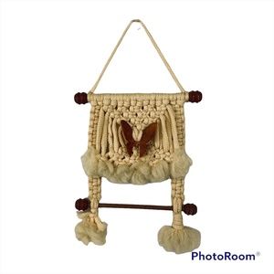 Vintage Cream Macrame Wall Hanging Woven Yarn with Acrylic Butterfly Accent 18”